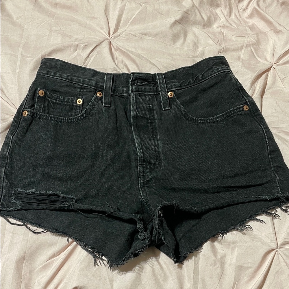 Levi's 501 Women’s Black Denim Shorts Butterfly Closure Frayed Hem High Rise 27